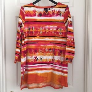 Rafaella Women's Top L Orange Red Tunic Tee 3/4 Sleeves Side Zipper Strips